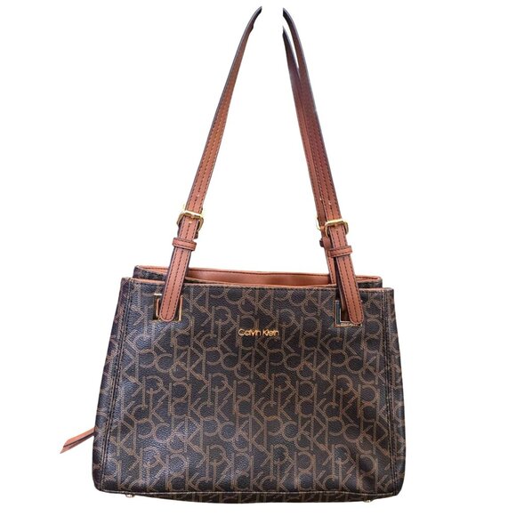 Calvin Klein Signature Monogram Logo Print Brown Faux Leather Shoulder Bag - Picture 1 of 10